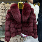 HUA QIU MEI SI Women's Natural Fox Fur Jacket with Fox Collar for Winter Warmth, Short Style Real Fox Fur Leather Jacket - Matrix Studios
