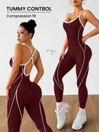 Women Contrast Piping Yoga Jumpsuit Thin Strap Open Back One Piece Workout Bodysuit High Elastic Slim Fitness Gym Sports Rompers - Matrix Studios