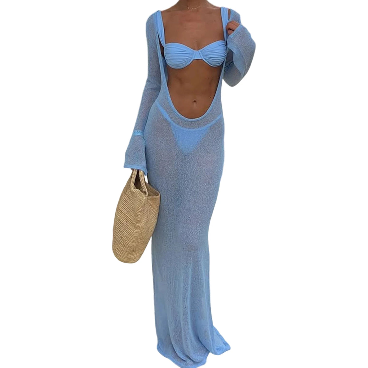 Women Vintage Summer Beach Cover Up Solid See-Through Long Sleeve Swimsuit Coverup Bathing Suit Cover Ups Bodycon Long Dresses - Matrix Studios