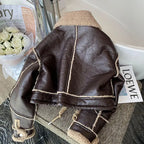 Black Lambswool Jacket Winter Thickened Plus Velvet Motorcycle Faux Leather Stitching Coat PU Plush Cardigan Stand Collar Tops - Matrix Studios