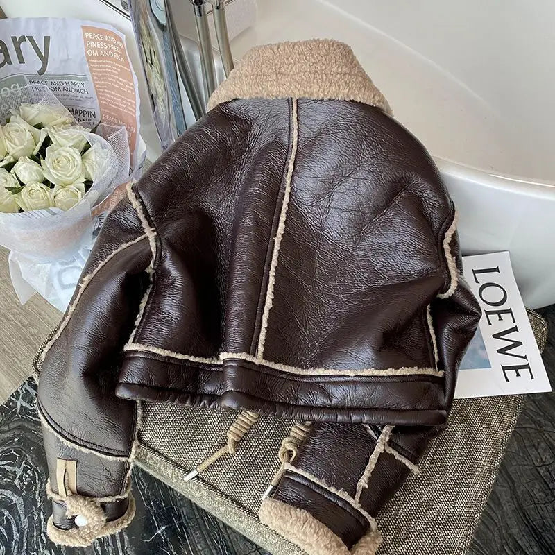 Black Lambswool Jacket Winter Thickened Plus Velvet Motorcycle Faux Leather Stitching Coat PU Plush Cardigan Stand Collar Tops - Matrix Studios