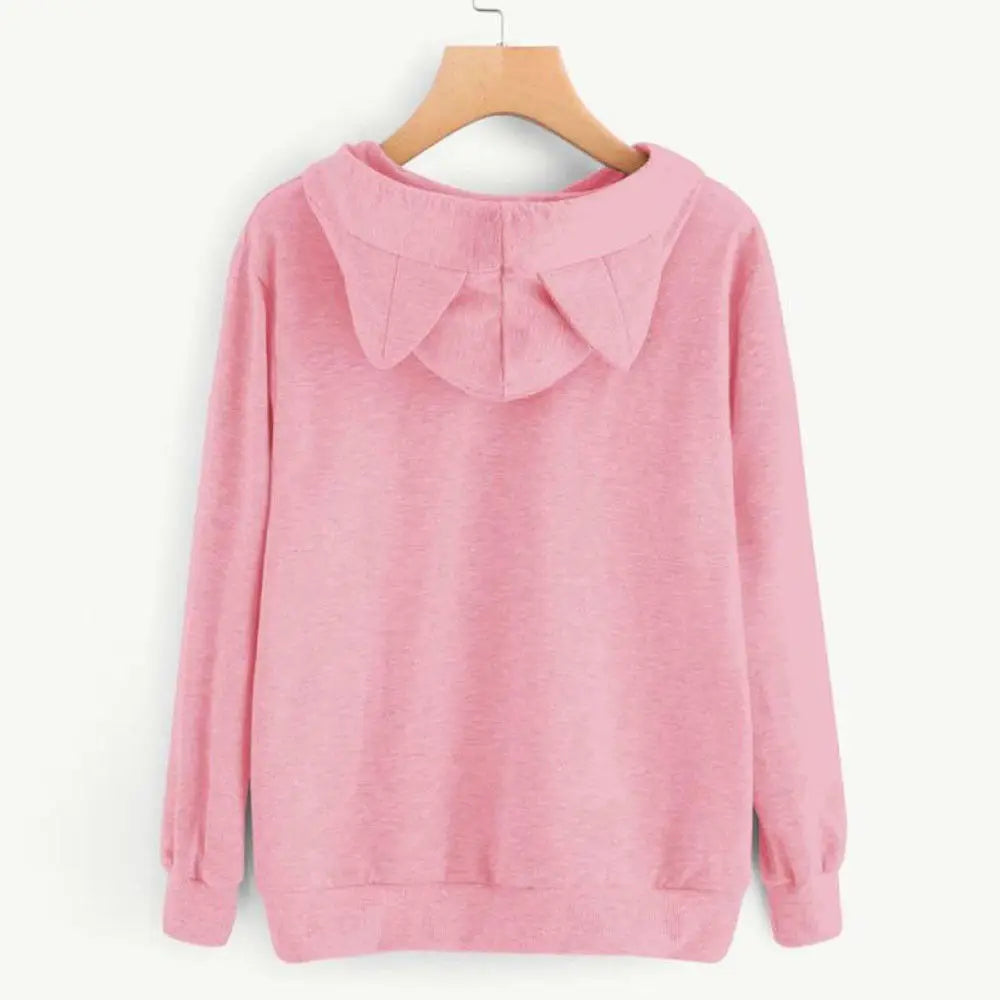 Long Sleeve Hoodies Sweatshirt For Women Cute Cat Print and Ear Kangaroo Pocket Drawstring Hooded Jogger Pullover Tops - Matrix Studios