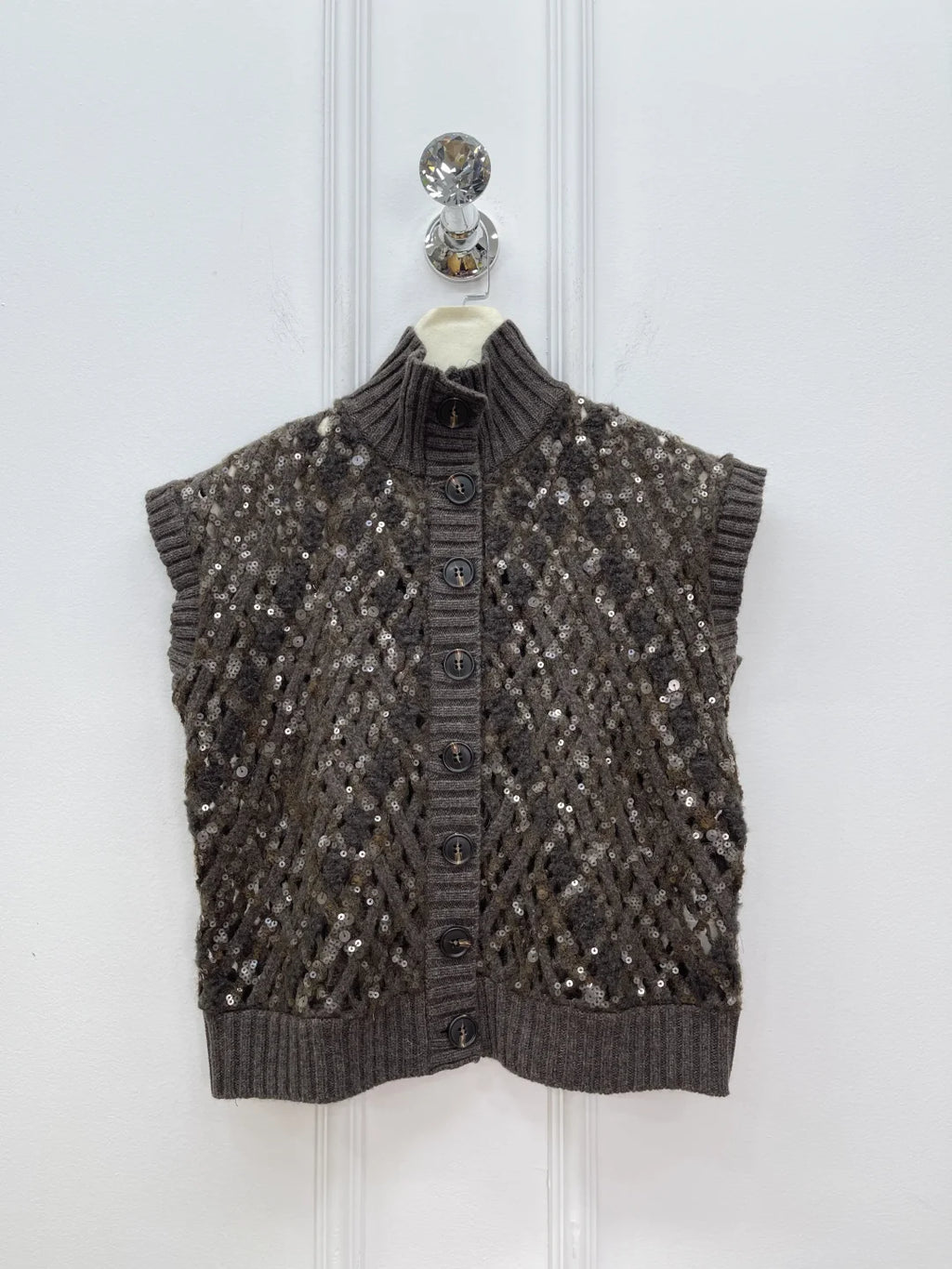 Naizaiga  100 cashmere mock neck white mocha hollow out autumn women sleeveless sequin cardigans  JH1 - Matrix Studios