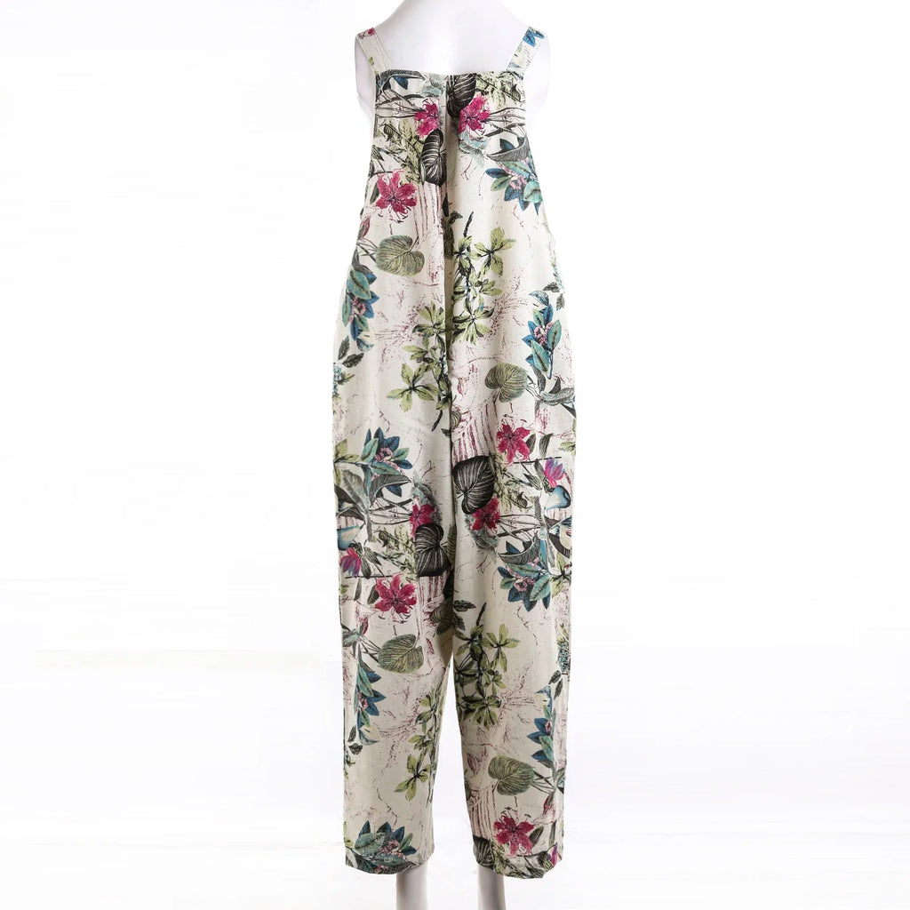 Combhasaki Women's S-3XL Cotton and Linen Jumpsuit Leaf Floral Print Square Neck Sleeveless Casual Loose Overalls with Pockets - Matrix Studios