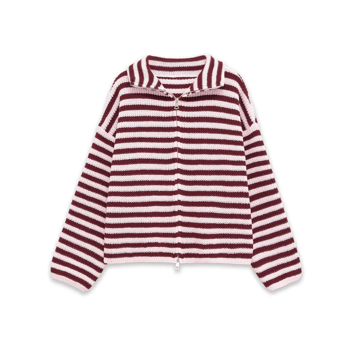 2026 New Spring Striped Loose Knit Cardigans Women Casual Turtleneck Zip-up Pink Sweater Coat Women Knitwear Streetwear - Matrix Studios