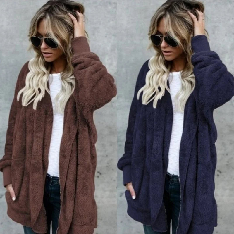 Women Autumn Winter Double-faced Fur Fleece Faux Fur Medium Style Hooded Warm Thick Coat Casual Solid Long-sleeved Fur Overcoat - Matrix Studios