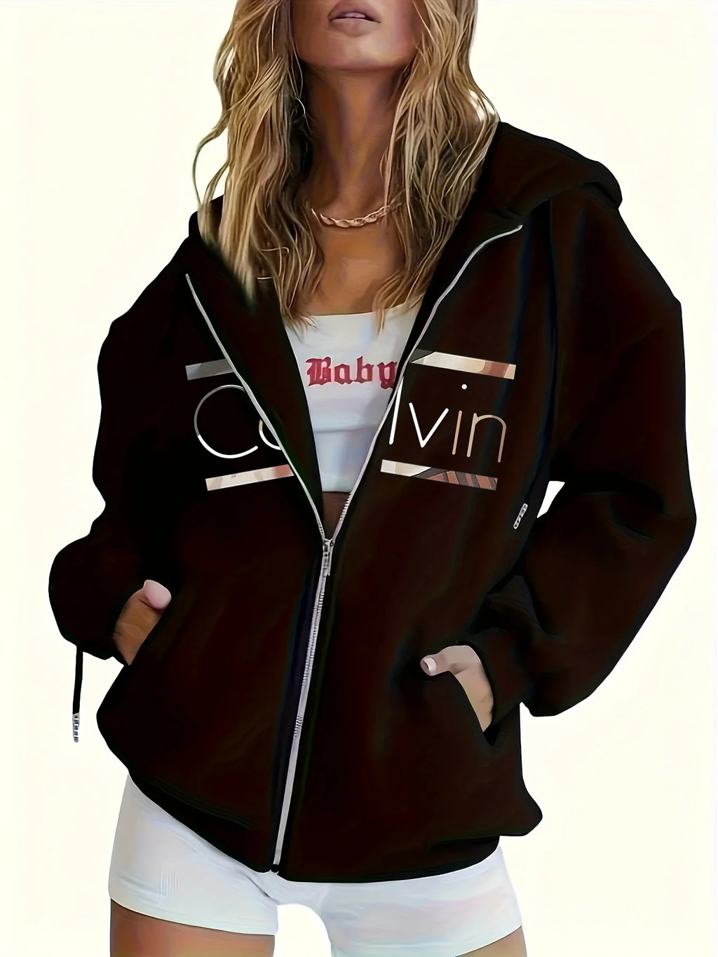 Women's Hoodie - Cozy Brown Zip-Up with White Print Casual Long Sleeve Sweatshirt  Drop Shoulder Design Relaxed Fit Winter W - Matrix Studios