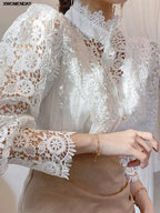 Women Chiffon Button Turtleneck Shirt Chic Elegant Floral Lace Fluffy Long Sleeve Top Fashion Hollow Oversize White Blouse 2025 - Matrix-studios.com