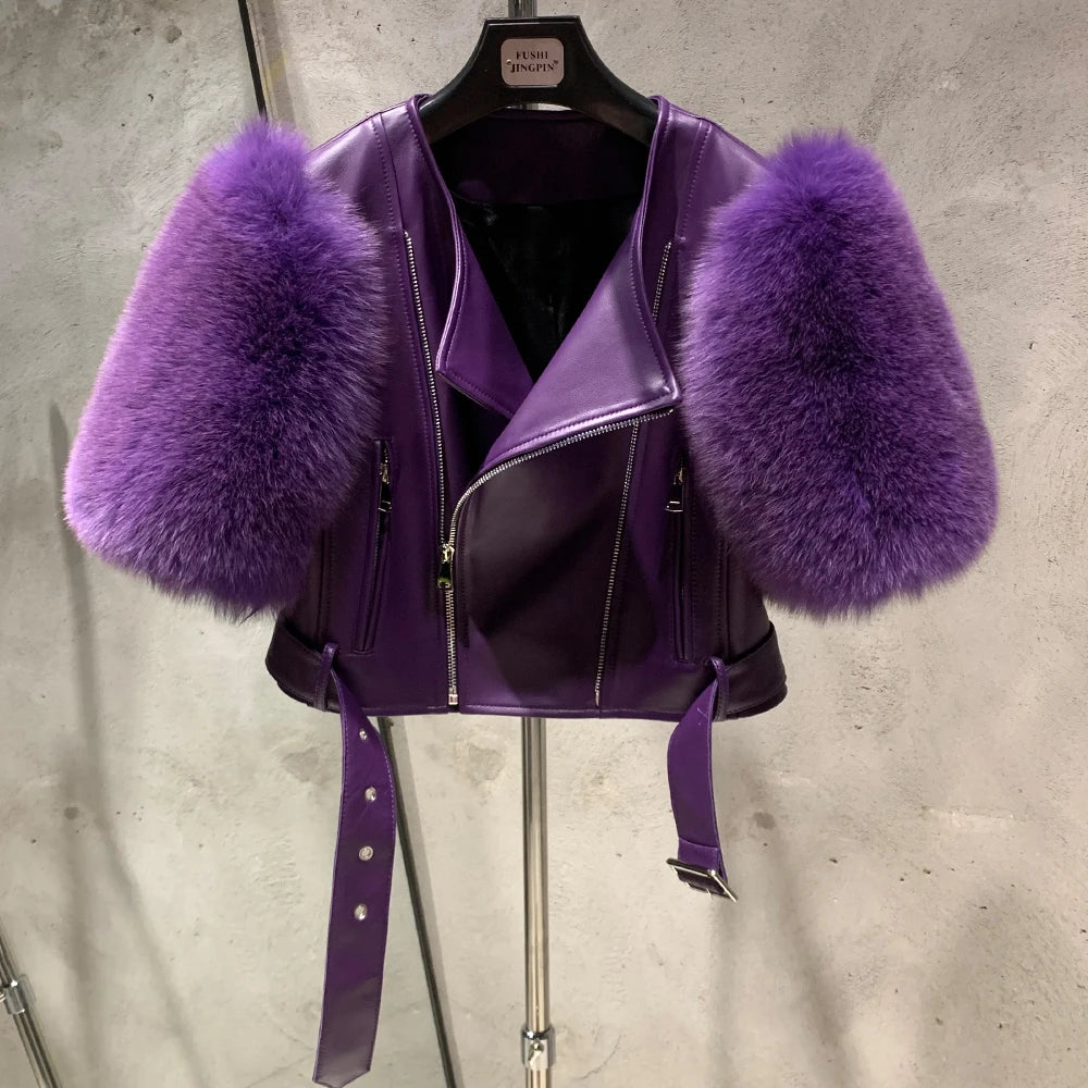 Leather Fur Jacket Natural Fur Sleeve Ladies Short Leather Jacket Real Fox Fur Sleeve Coat Women Autumn 21001-1 - Matrix Studios