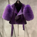 Leather Fur Jacket Natural Fur Sleeve Ladies Short Leather Jacket Real Fox Fur Sleeve Coat Women Autumn 21001-1 - Matrix Studios