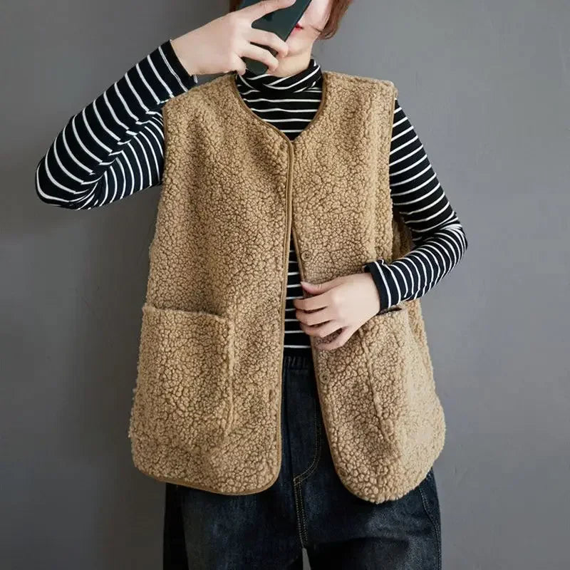 Lamb's Fleece Vests Jacket New Spring Autumn Women Button Waistcoat Winter Warm Fleece Sleeveless Outwear Female - Matrix Studios
