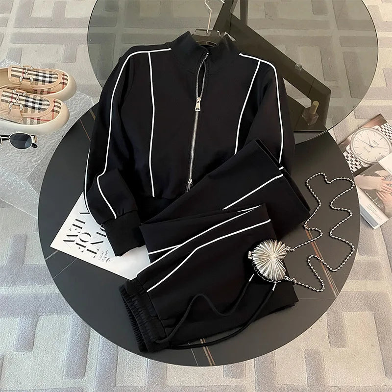 Woman's Color Blocking Sportswear Set Spring Autumn Fashion Flip Collar Zipper Coat Long Pants Two-piece Set Lady Leisure Outfit - Matrix-studios.com