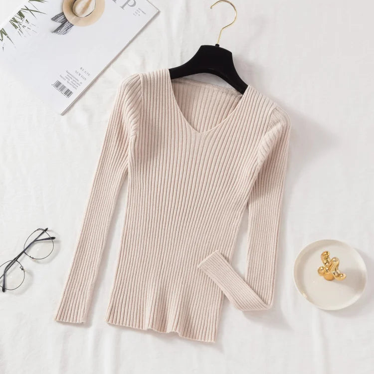 Autumn Winter Women Sweaters Casual Long Sleeve Knitted V Neck Pullover Sweater Femme Basic Solid Jersey Tops Fashion Clothes - Matrix-studios.com