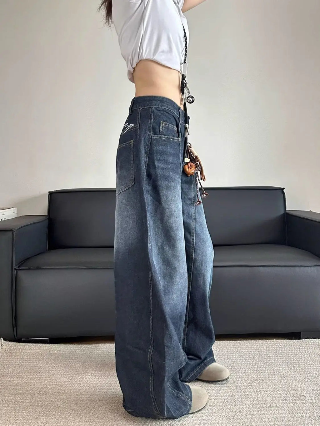 Stylish Chic Elegant Embroidered Patchwork Jeans Women Vintage Washed Draping Denim Straight Loose Fit Slimming Versatile Pants - Matrix-studios.com
