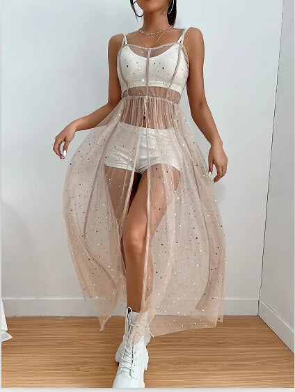 Summer Women Beach Cover Up Sleeveless Square Neck Holiday Sequined Split Smock Midi Beach Dress - Matrix Studios