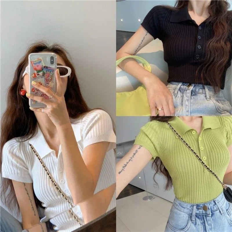 New Polo Women TShirt Ribbed Knitted Sexy Tops Summer Basic Shirts Skinny Slim Casual Short Sleeve Vest Women's Top White Black - Matrix-studios.com
