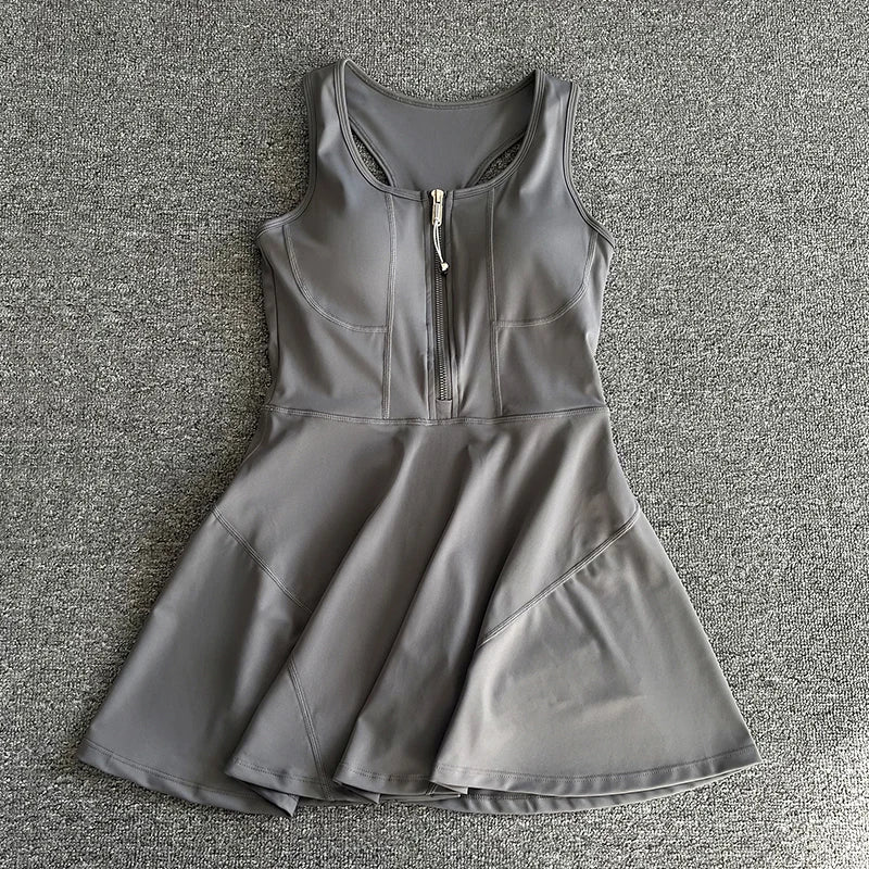 Tennis Skirt Casual Half Zipper Sports Fitness Dress Anti-Running High Waist Slim Golf Yoga Dress - Matrix-studios.com