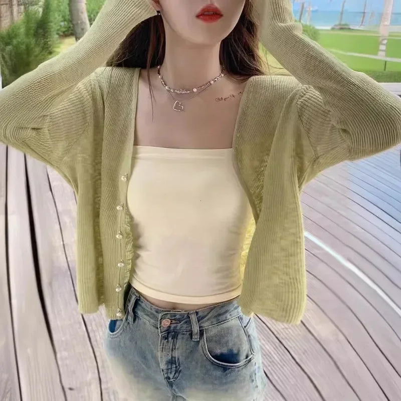 Green Ice Silk Sunscreen Knit Cardigan Outerwear Women Summer Suspender Skirt Outdoor Shawl Air Conditioning Blouse Top Thin - Matrix Studios