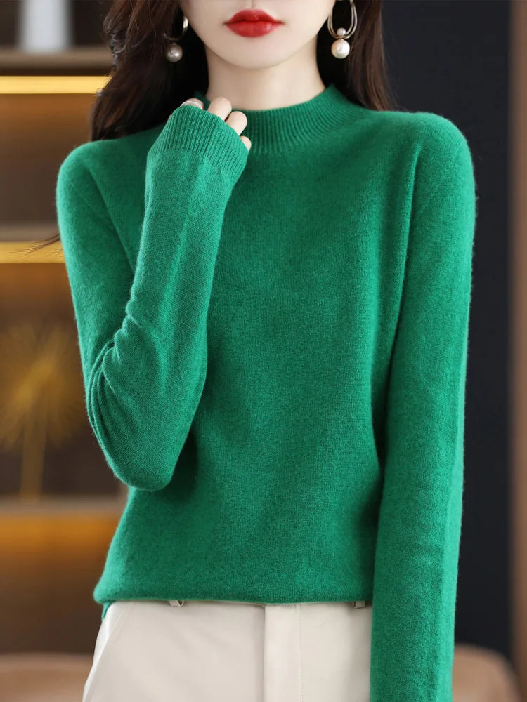 Fashion 100% Wool Sweater Women's Mock-Neck Knitwear Cashmere Pullovers Autumn Winter Long Sleeve Jumpers Clothing Tops - Matrix Studios
