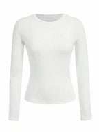 Women's solid-color long-sleeved T-shirt - Polyester knitted fabric, round neck, regular fit, fall-winter style - Matrix-studios.com