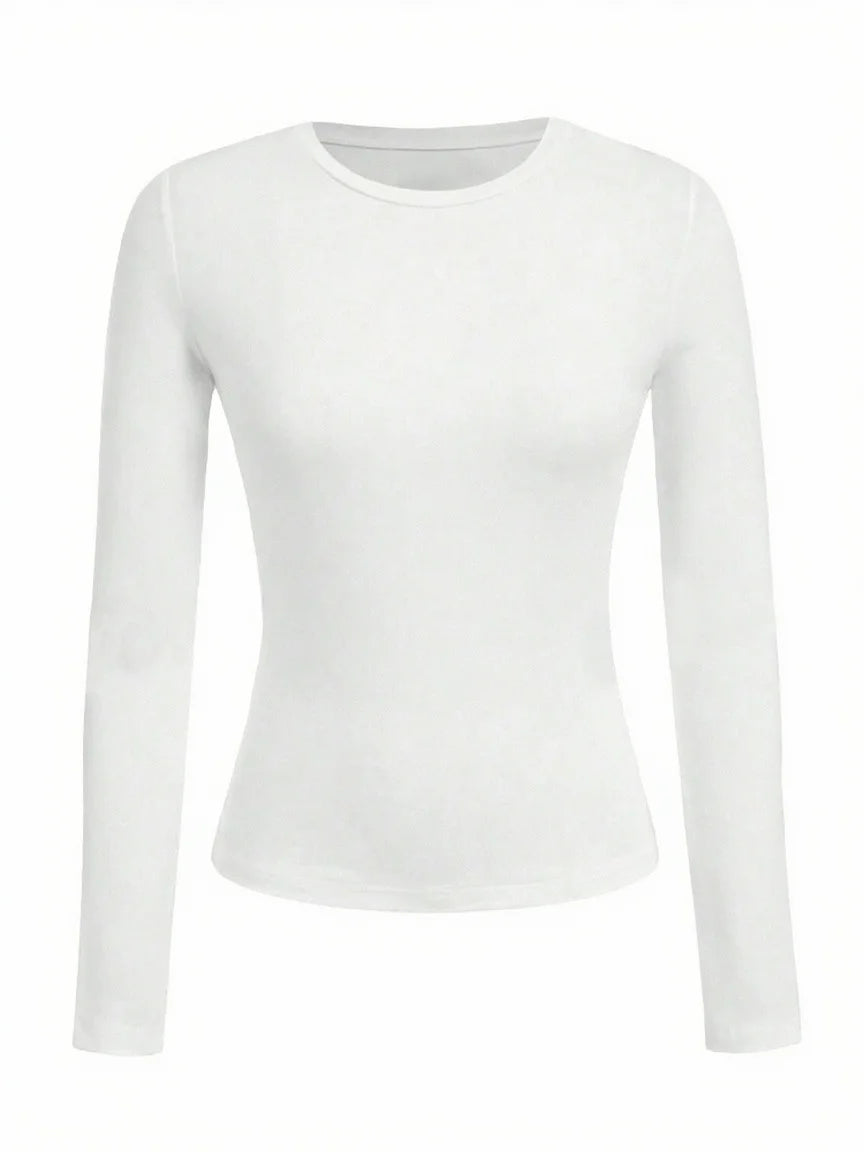 Women's solid-color long-sleeved T-shirt - Polyester knitted fabric, round neck, regular fit, fall-winter style - Matrix-studios.com