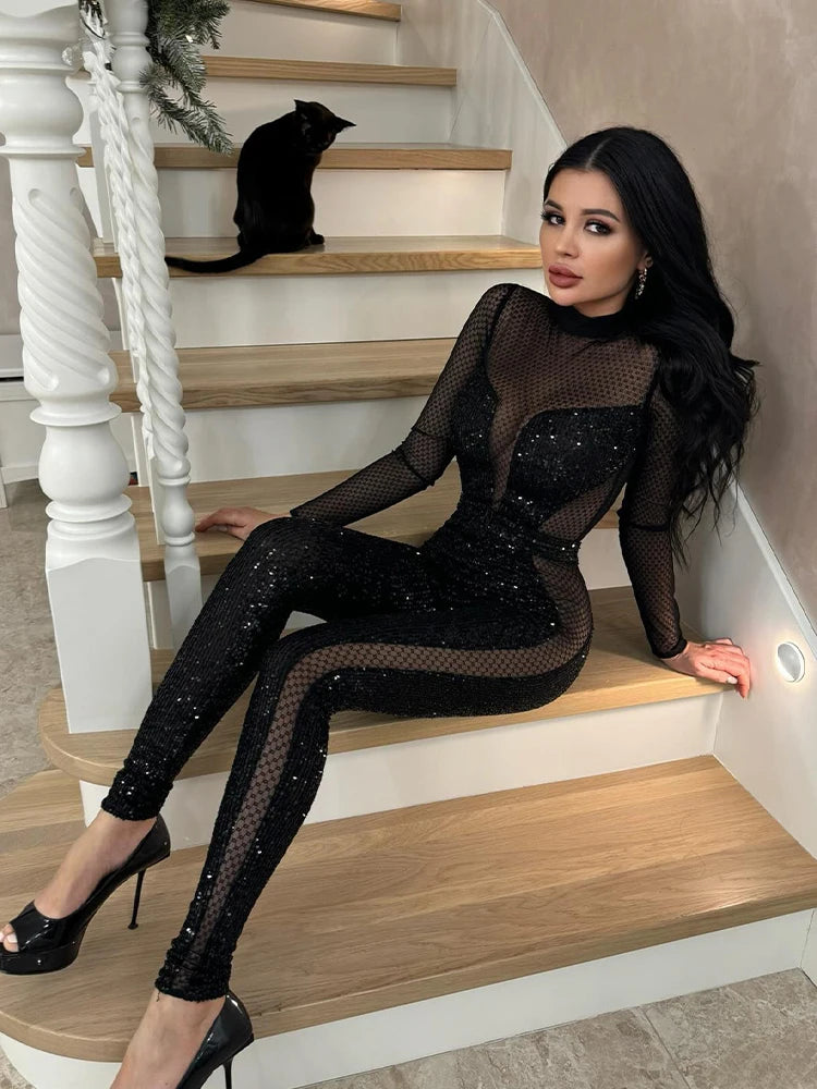 Mesh Patchwork Jumpsuits For Women Fashion Sexy Club Sequined Long Sleeves O-Neck Slim Fit See Through Romper Female Streetwear - Matrix Studios