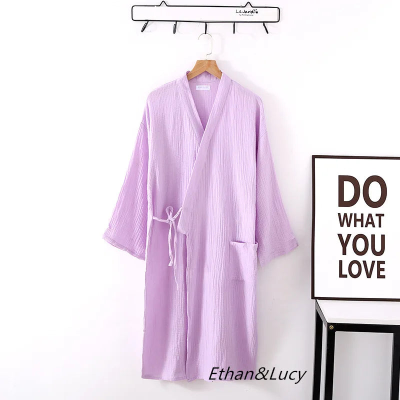 Couples Crepe Gauze Bathrobe Solid 100% Cotton Robe Long-sleeved V-neck Kimono Wedding Robes Sleepwear Plus Size Dressing Gown - Matrix-studios.com