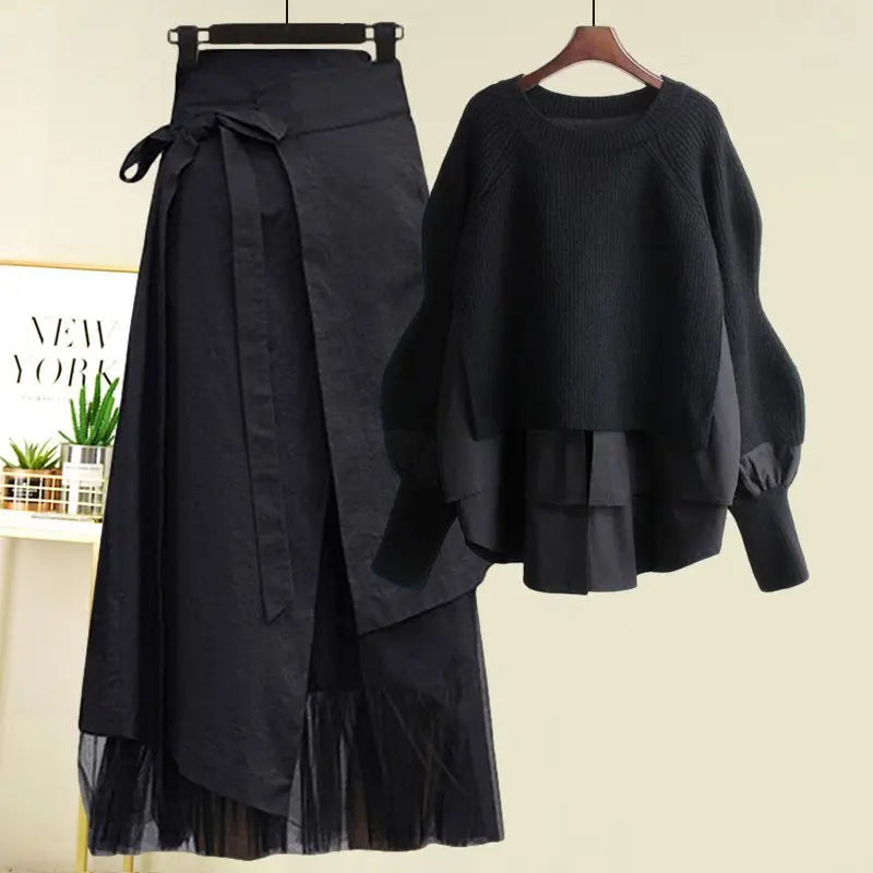 Women's Spring Autumn New Fashion Fake Two Piece Knit Sweater+Strap A-line Skirt Suit Korean Elegant Pullover Dress Matching Set - Matrix-studios.com