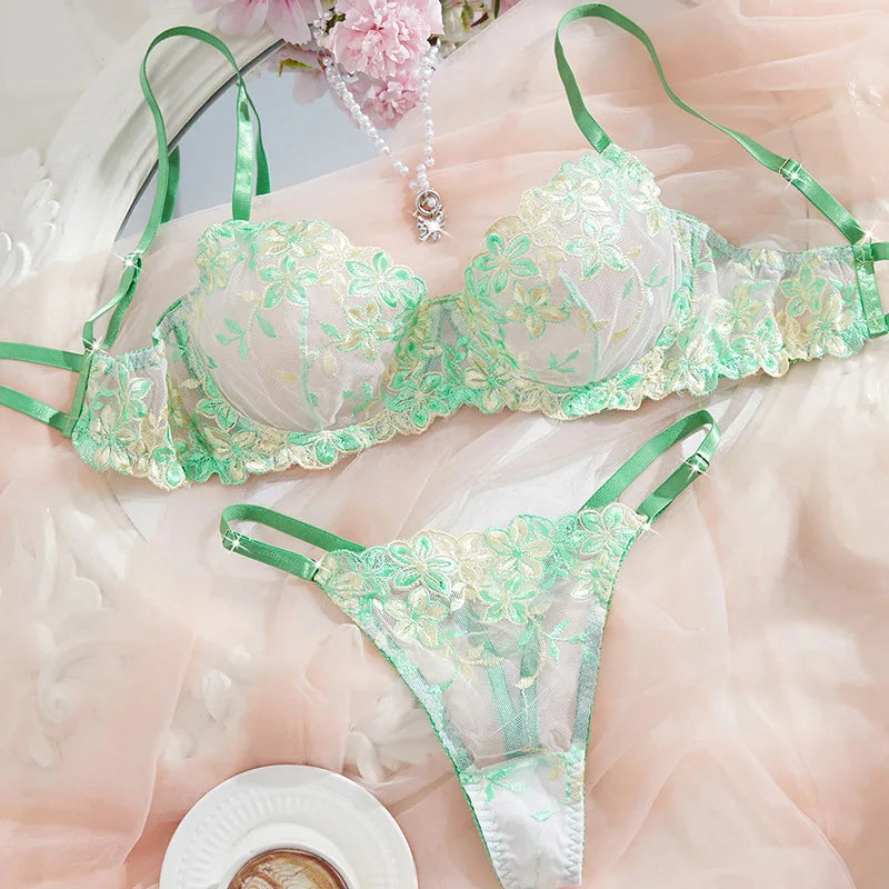 Sexy Female Lingerie Ultra Thin Bra Set Romantic Underwear Beautiful Embroidery Lace Lingerie Translucent Underwear Erotic Sets - Matrix-studios.com