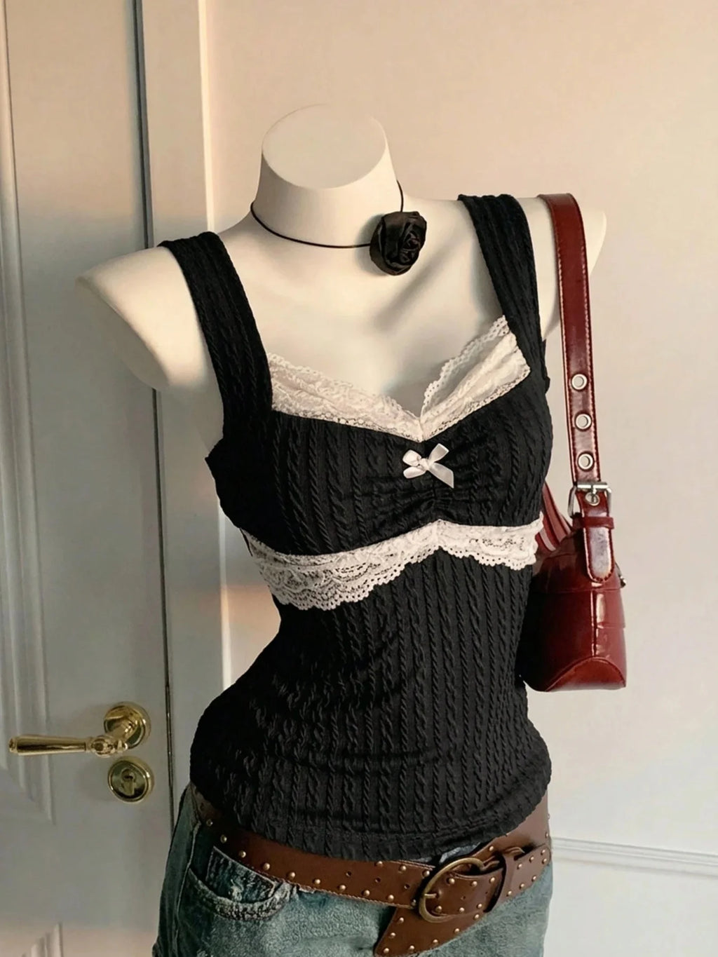 Y2K Summer Fashion New Lace Splicing Bow Decoration Pure Desire Women's Tank Top - Matrix-studios.com