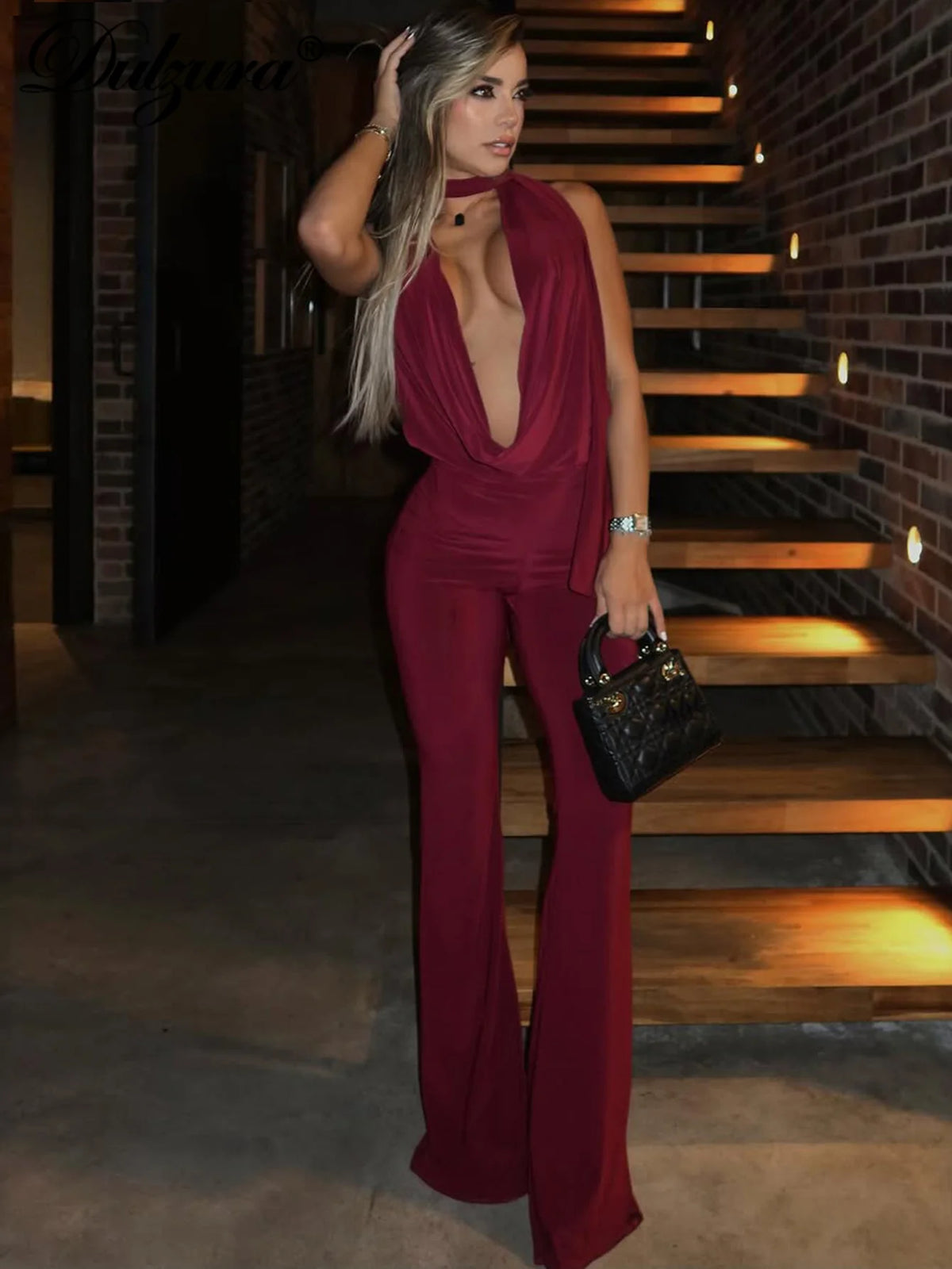 Dulzura Summer Solid Sexy Halter Swinging Collar Backless Slim Lace Up Flared Jumpsuit Women'S Fashion Elegant Party Club Romper - Matrix Studios