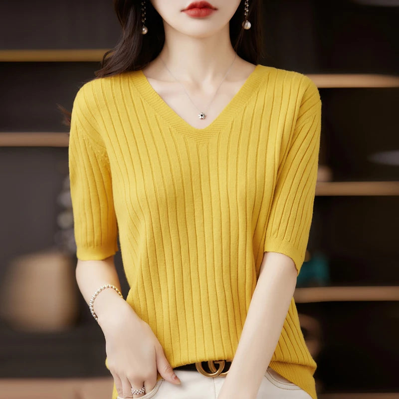 Women's Sweater Spring Summer Short Sleeve V-neck Knit Shirt Casual Korean Pullovers Stripe Bottoming Shirt Slim Fit Jumpers - Matrix Studios