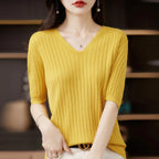Women's Sweater Spring Summer Short Sleeve V-neck Knit Shirt Casual Korean Pullovers Stripe Bottoming Shirt Slim Fit Jumpers - Matrix Studios