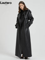 Lautaro Spring Autumn Extra Long Brown Pu Leather Trench Coat for Women Sashes Luxury Chic Overcoat Runway European Fashion 2024 - Matrix Studios