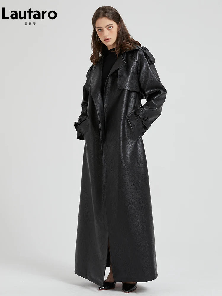 Lautaro Spring Autumn Extra Long Brown Pu Leather Trench Coat for Women Sashes Luxury Chic Overcoat Runway European Fashion 2024 - Matrix Studios