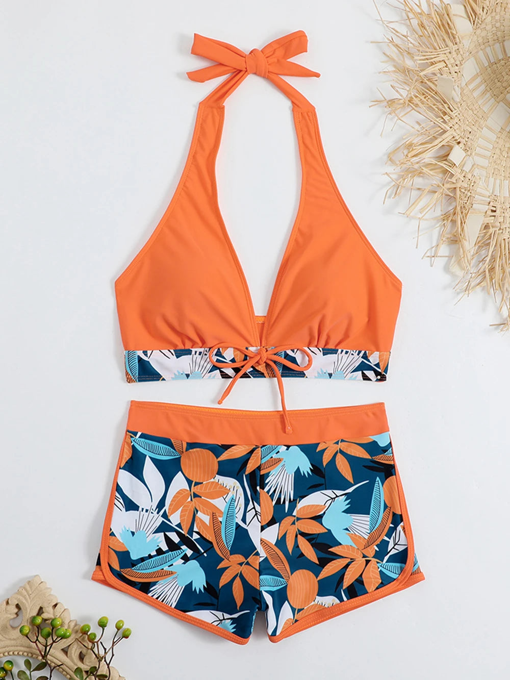 15 Colors Swimwear Women Two-Piece Suit Patchwork Halter Bikini Top With High Waisted Boxer Bottom College Sporty Surfing Suit - Matrix-studios.com