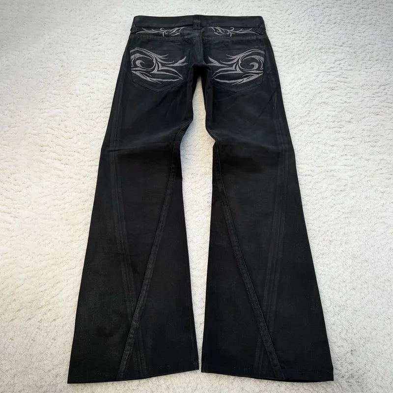 Vintage X Ray Waxing Tribal Embroidery Men's Flared Jeans Gothic High Street Unisex Punk Slim Fit Jeans Y2K Baggy Flared Jeans - Matrix Studios