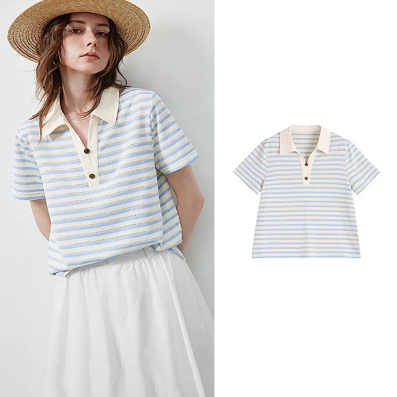 TOYOUTH Women's T-Shirt 2026 Summer New Hollow Stripe Color Block Polo Collar Nautical Top, Loose Fit Vintage Tee - Matrix-studios.com