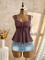 Women Sweetheart Neck Drawstring Ruched Peplum Cami Top Polka Dot Print Sleeveless Casual Camisole Outfit - Matrix-studios.com