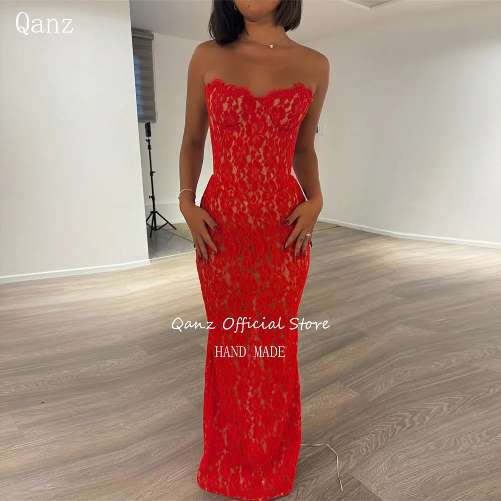 Qanz Red Lace Appliques Robes De Soirée Sweethert Sleevelss Mermaid Prom Dresses Corset Back Evening Dresses Woman Customized - Matrix-studios.com