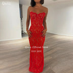 Qanz Red Lace Appliques Robes De Soirée Sweethert Sleevelss Mermaid Prom Dresses Corset Back Evening Dresses Woman Customized - Matrix-studios.com