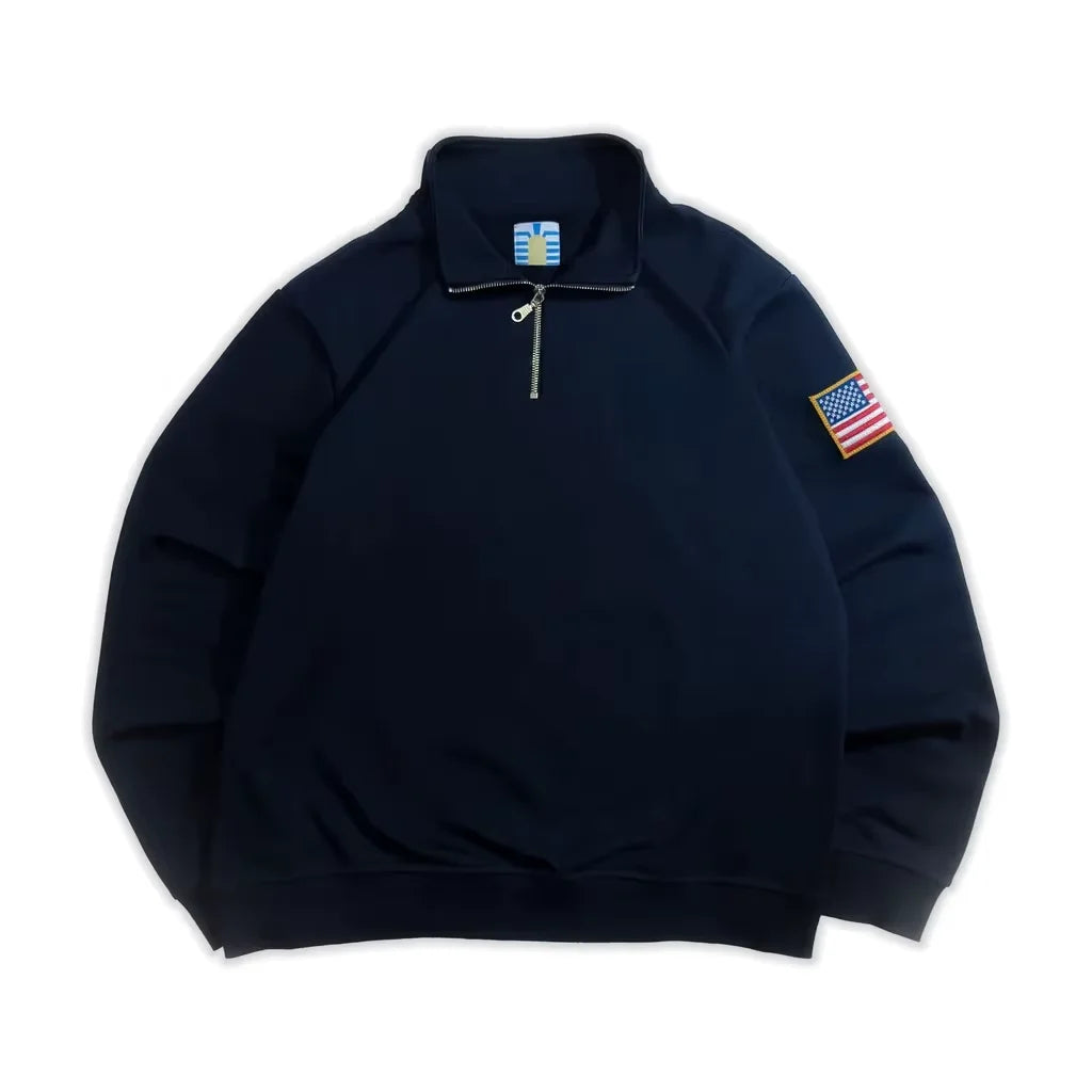 Y2K Navy Blue Quarter Zip Sweatshirt USA Embroidered American Flag Patch Jacket Men Women Vintage Streetwear Fashion Trend Top - Matrix Studios