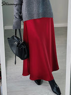 Brown Long Satin Skirts Women Luxury Maxi Autumn Summer High Waist Silk Black Skirt Long Straight Shining Beige Satin Skirt Maxi - Matrix-studios.com