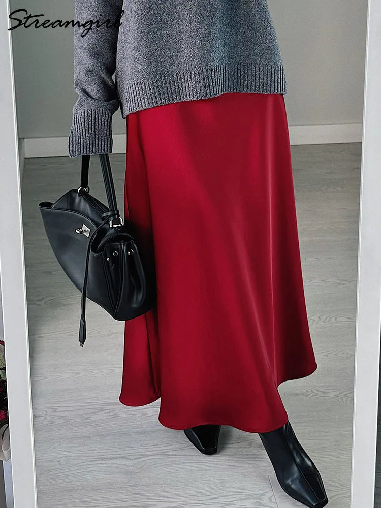Brown Long Satin Skirts Women Luxury Maxi Autumn Summer High Waist Silk Black Skirt Long Straight Shining Beige Satin Skirt Maxi - Matrix-studios.com