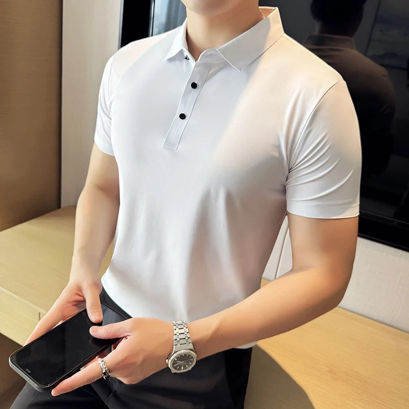 Ice Silk High Elastic Seamless T-shirt ,Summer Thin Polo Shirt, Solid Color Polo Collar Short Sleeve Brown Top, Business Leisure - Matrix-studios.com