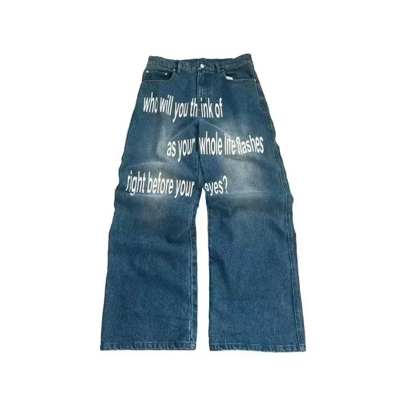 Deeptown Vintage Letter Print Women Man Jeans Y2k Harajuku Washed Wide Leg American Style Denim Pants Baggy Hip Hop Streetwear - Matrix-studios.com