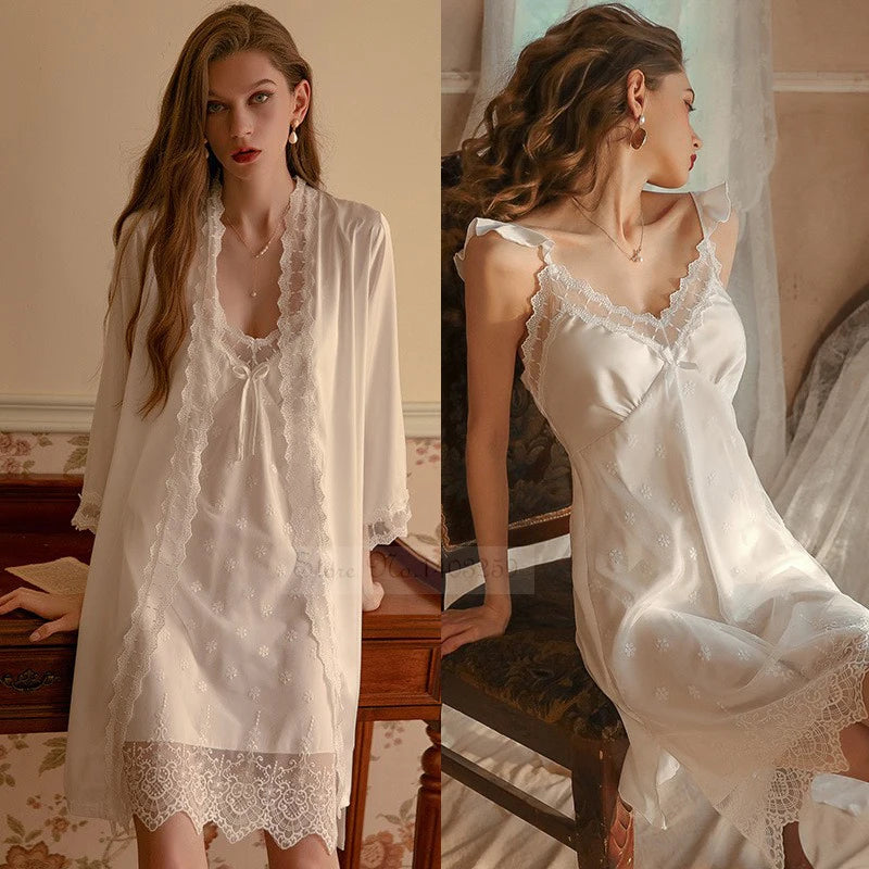 White Lace Bride Bridesmaid Wedding Robe Set Women Summer Sleepwear Kimono Bathrobe Gown Loose Casual Sleep Suit Sexy Home Dress - Matrix-studios.com