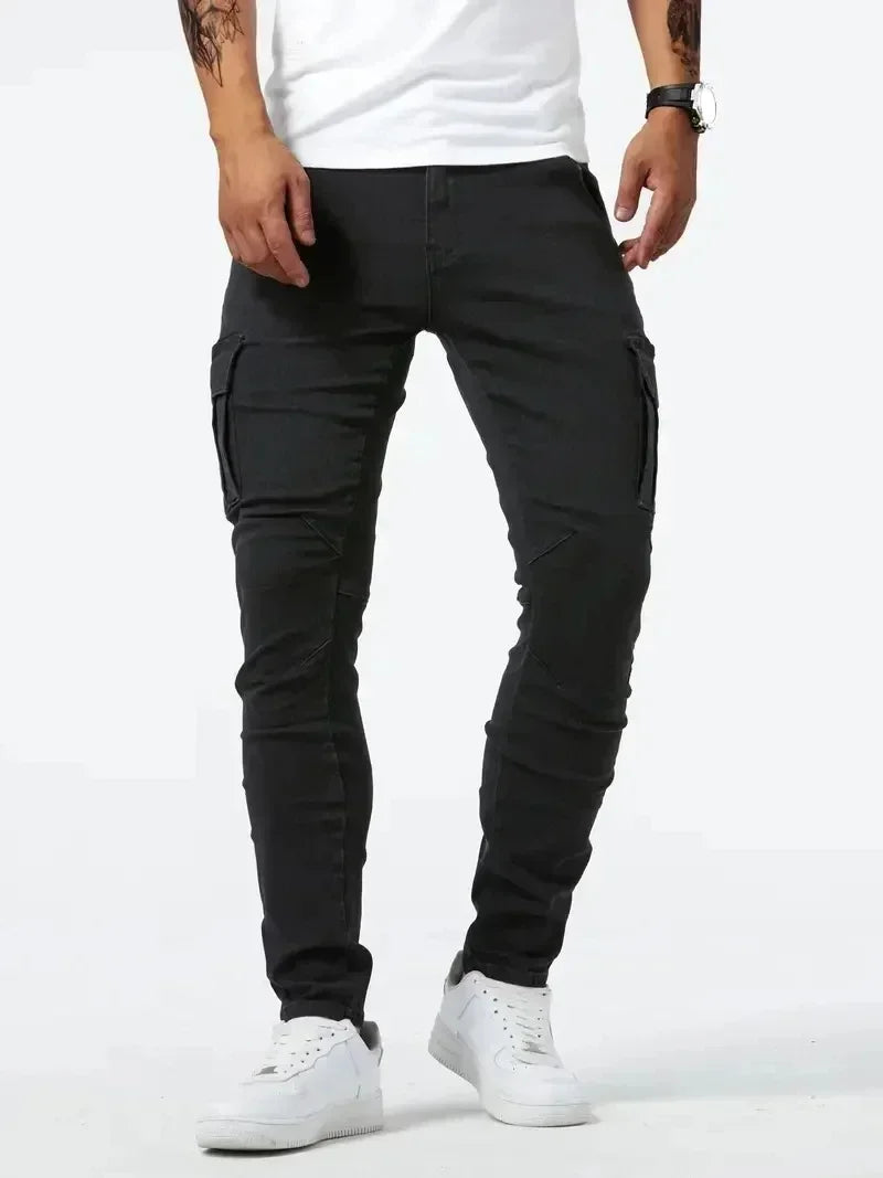 2025 Street Elastic Jeans Men Denim Cargo Pants Wash Solid Color Multi Pockets Casual Mid Waist Trousers Slim Daily Wear Joggers - Matrix Studios