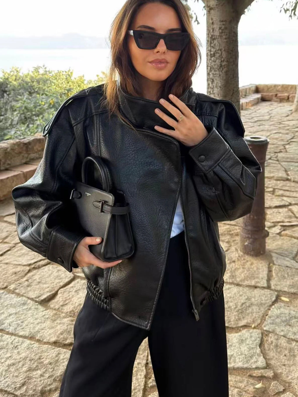 TFMLN 2025 Women Faux Leather Loose Jacket High Street Stand Collar Long Sleeve Coat Fashion Causal Zipper Outwear Autumn Winter - Matrix Studios
