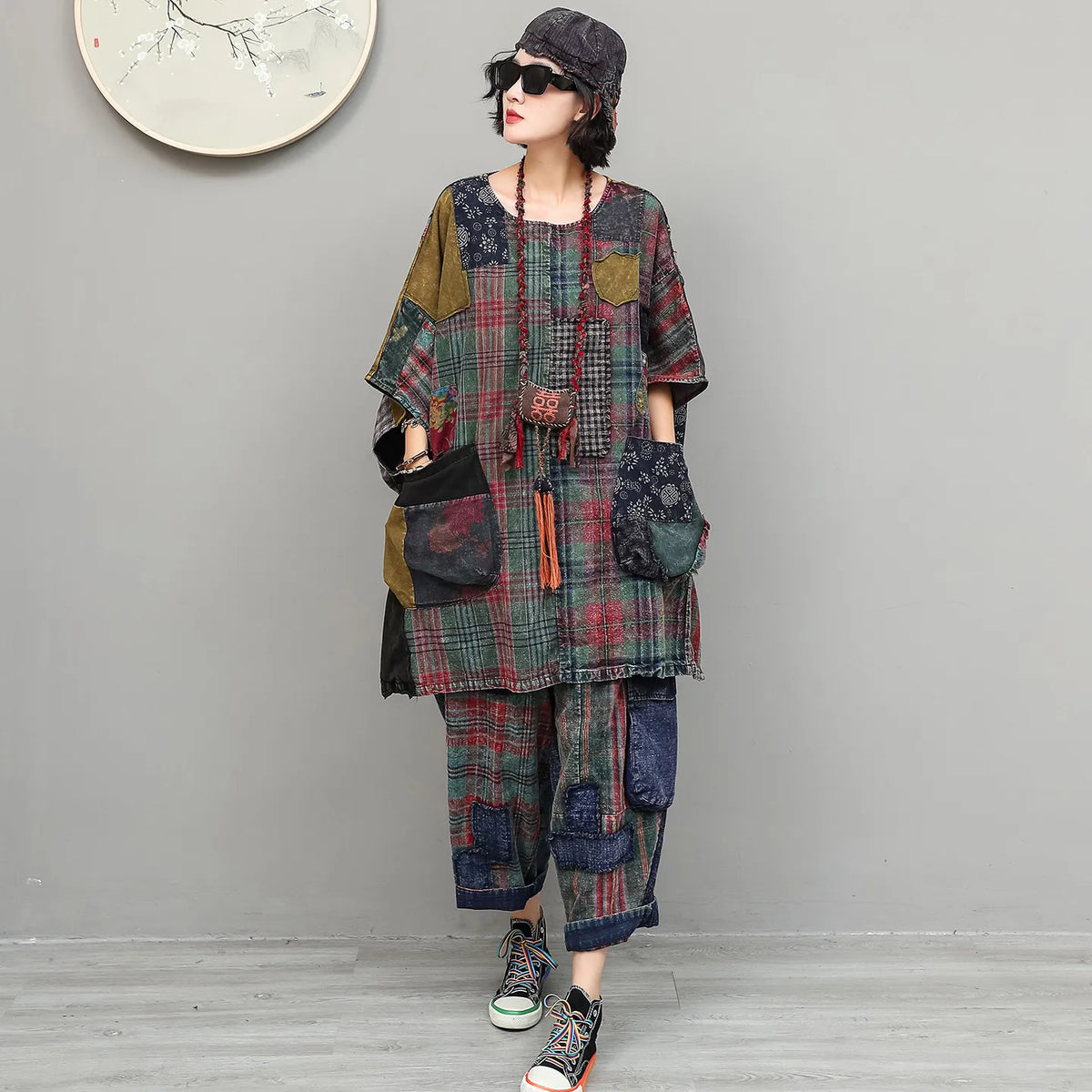 Unique Vintage Women Outfit Early Autumn Plaid Patchwork Loose Sleeveless Mid-length Robe + Cropped Pants Two-piece Set ZF2438 - Matrix-studios.com